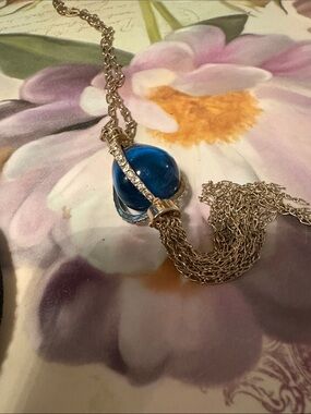 Blue Glass Orb Pendant Necklace with Goldtone Chain